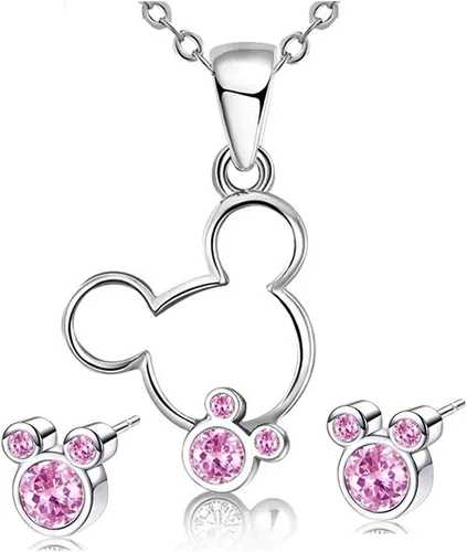 Juego de joyas para mujeres y niñas, juego de collar y aretes de ratón chapados en plata S925, lindo aretes y colgante con circonita cúbica