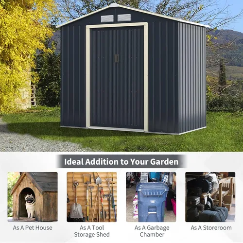 Miniatura 4 de Goplus Cobertizo de almacenamiento, organizador de metal de 7 x 4 pies, para exteriores, con 4 rejillas de ventilación y doble puerta corrediza