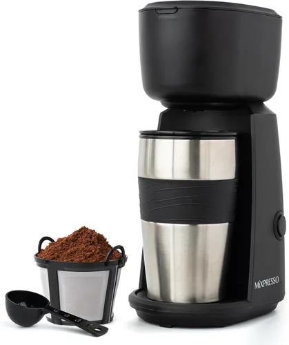 Mixpresso Cafetera Personal de Una Sola Porción y Taza de Viaje de 14oz, Cafetera Pequeña de Goteo y Termo, Apagado Automático y Filtro Negro (Black
