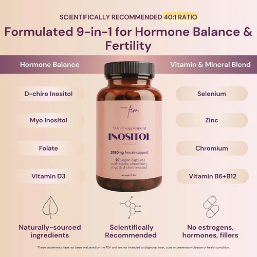 Miniatura 3 de QSTA Suplemento de mio-inositol y D-Chiro inositol para mujeres 2050 mg (proporción 40:1) - Balance hormonal 9 en 1 y apoyo metabólico con folato