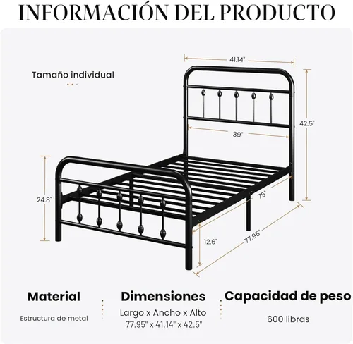 Miniatura 2 de SHA CERLIN Marco de Cama de Plataforma de Metal Tamaño Twin con Cabecera y Pie de Cama de Hierro Forjado Estilo Victoriano, Fácil Montaje, Negro