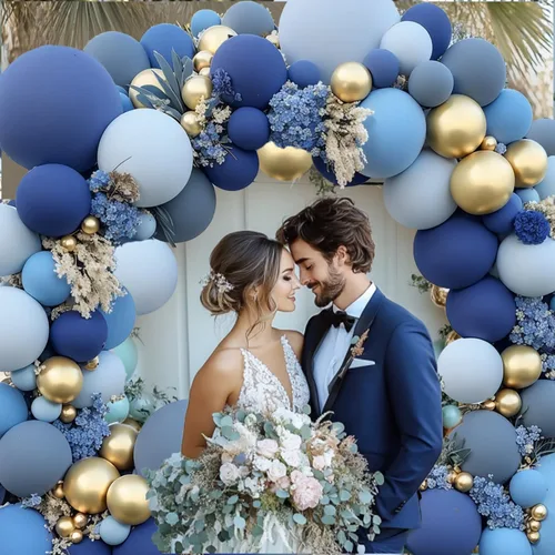 Miniatura 7 de Kit de Arco de Globos Azul Polvoriento Dorado, Kit de Arco de Globos Pastel de Doble Relleno Azul Claro Azul Oscuro Mezclilla Azul Pálido con Globos