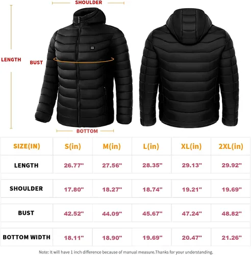 Miniatura 7 de Snullo Chaqueta acolchada con calefacción eléctrica para hombre, capucha aislada, cortavientos, 4 zonas de calor (batería no incluida)