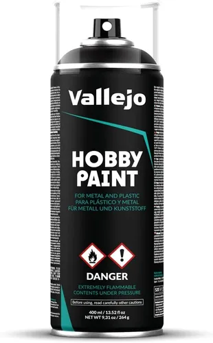 Vallejo - Pintura en aerosol para manualidades, imprimación básica | Negro 400 ml. (13.52 fl.oz.) | Acabado mate perfecto y autonivelante