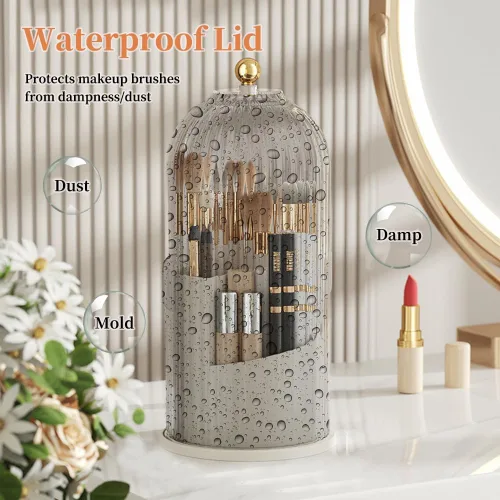 Miniatura 2 de Soporte para brochas de maquillaje con tapa, organizador de tazas de brochas de maquillaje giratorias de 360 grados para tocador, caja
