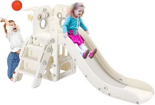 Miniatura 11 de Arlopu Juego de tobogán 6 en 1 para niños pequeños, tobogán resistente para niños con aro de baloncesto y telescopio, pasos antideslizantes, juego
