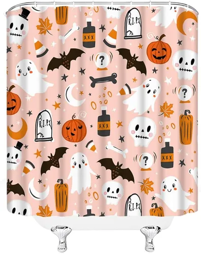 Cortina de ducha de fantasma de Halloween, espeluznante calabaza rosa, murciélago, bruja, calavera, bohemio, gótico, alquimia, aterradora,