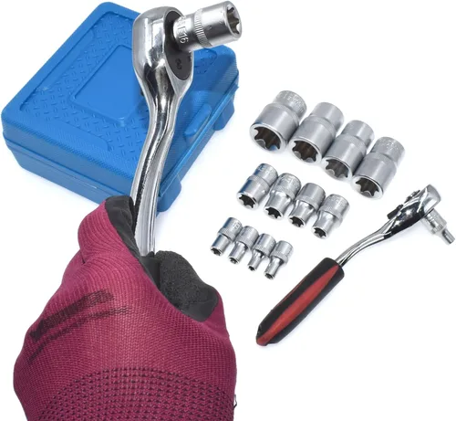 Miniatura 4 de E-Torx Juego de zócalos, 14 piezas hembra E-Torx Star Socket Set, 1/4" 3/8" 1/2" Drive, E4 a E24 Torque E Externo Juego de zócalos, 14pcs Star