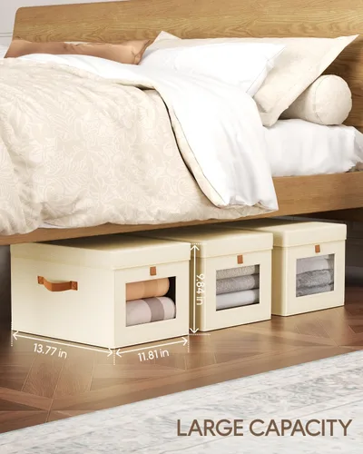 Miniatura 4 de Homsorout Contenedores de almacenamiento con tapa, organizador de armario con apertura lateral y ventana transparente, cesta plegable de tela Beige