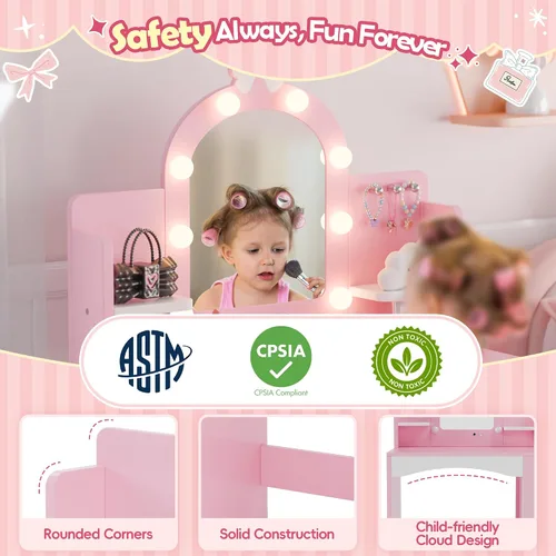 Miniatura 5 de MU Tocador infantil con luces, juego de mesa y silla de maquillaje de princesa para niñas, escritorio de tocador para niños pequeños con estantería