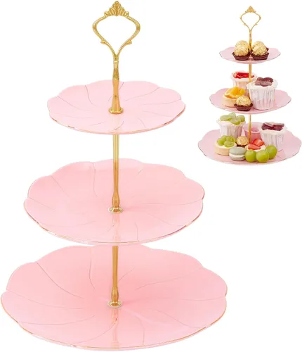 Miniatura 7 de DUJUST Torre de porcelana de lujo de 2 niveles para cupcakes, bandeja de servir estilo británico con borde dorado, soporte de exhibición de postres