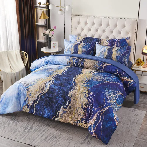 Miniatura 17 de PERFEMET Juego de edredón de 6 piezas tamaño Full, color oro aguamarina, ropa de cama en una bolsa, edredón de mármol acuarela con sábanas, suave