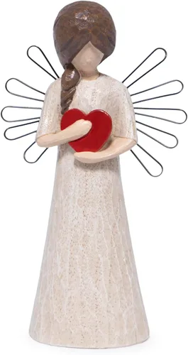 Hodao Figura de ángel con corazón rojo, aspecto tallado en madera de resina de 5.1 pulgadas con alas de alambre de metal, decoración interior