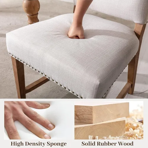 Miniatura 5 de ROCITY Juego de 2 sillas de comedor de lino tapizadas color beige, sillas laterales de cocina con patas de madera y ribete de cabeza de clavo