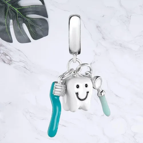 Miniatura 2 de Cepillo de dientes, dije de espejo de dientes y boca para pulsera o collar, plata de ley 925, Plata esterlina, No es una piedra preciosa