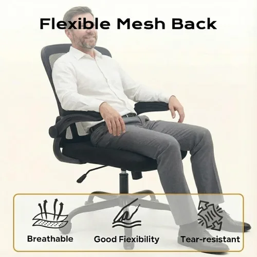 Miniatura 7 de Silla de oficina ergonómica de malla, silla de escritorio de respaldo alto con soporte lumbar ajustable y reposacabezas, reposabrazos abatibles