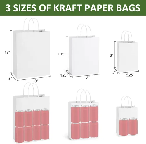 Miniatura 2 de BagDream 75 bolsas de papel kraft de 5 x 3 x 8 y 8 x 4.25 x 10 y 10 x 5 x 13, bolsas de regalo blancas con asas a granel, para manualidades, Blanco