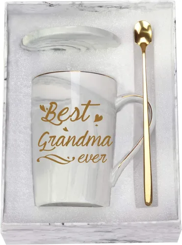 Taza "Best Grandma Ever" Regalos de Café Cumpleaños Día de las Madres para de Nieta Nieto Nietos Nietos 14 Onzas Caja de Regalo con Cuchara y Tapete