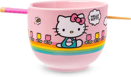 Miniatura 12 de Silver Buffalo Sanrio Hello Kitty Tazón de cerámica para ramen y arroz con diseño de flores, con palillos, apto para microondas, 20 onzas