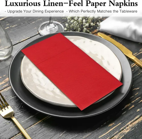 Miniatura 7 de Servilletas rojas desechables con sensación de lino con bolsillo integrado para cubiertos, preplegadas para cuchillos y tenedores, servilletas