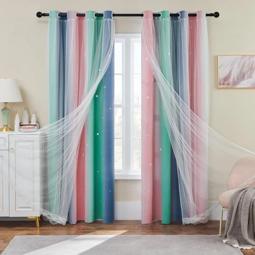 Miniatura 77 de XiDi Cortinas opacas con estrellas para habitaciones de niños, cortinas verdes para ventana de dormitorio de niños, azul y gris, 52 pulgadas de Azul