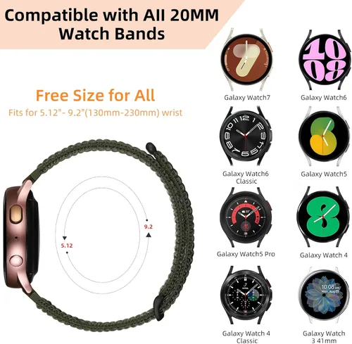 Miniatura 2 de DaQin Compatible con Samsung Galaxy Watch 7, 6, 5, 4, 1.575 pulgadas, 1.732 pulgadas, correa deportiva ajustable de nailon suave de 0.787 pulgadas