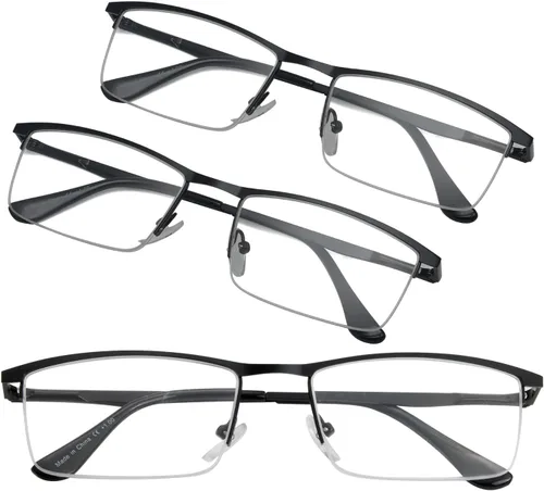 GUD Gafas de lectura, 3 pares de lectores de metal de medio borde para mujeres y hombres (negro, 0.50)