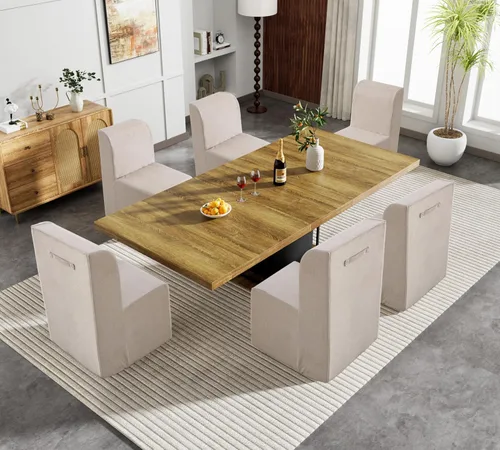 Miniatura 17 de Juego de mesa de comedor extensible marrón de 9 piezas para 8, 63 a 78.74 pulgadas, juego de mesa de cocina y comedor, mesa de comedor extensible