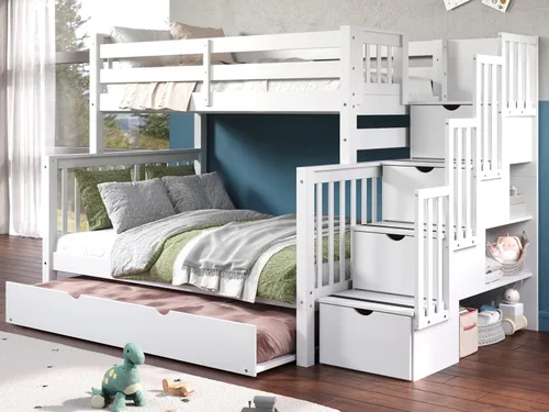 Miniatura 9 de Bedz King BK961-Honey-Trundle-p - Litera con cama nido individual, con 4 cajones en los peldaños Blanco