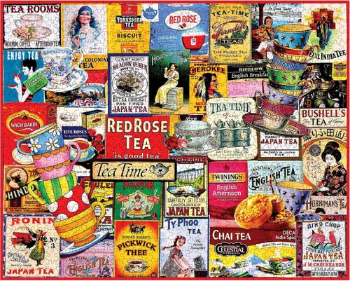 White Mountain Rompecabezas de 1000 piezas vintage con collage de té con piezas grandes, regalo para adultos y familia de 24 x 30 pulgadas, té