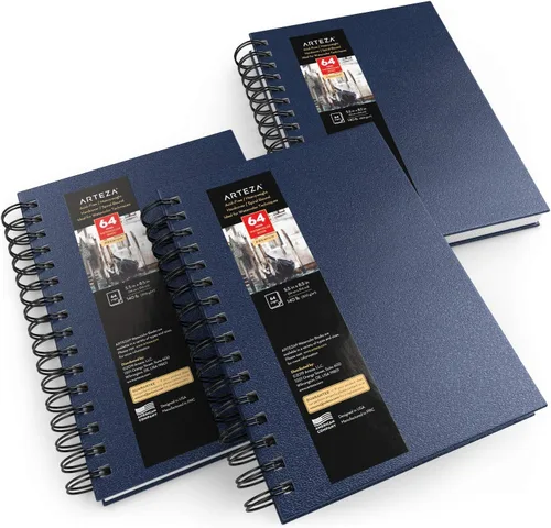 ARTEZA Cuadernos de bocetos de acuarela, juego de 3, 64 páginas por libro, 5.5 x 8.5 pulgadas, cuadernos de espiral de tapa dura azul, papel de