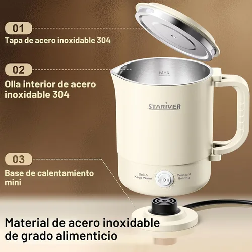 Miniatura 9 de Stariver Hervidor Eléctrico Portátil de Viaje, Hervidor Eléctrico Pequeño de 600ML con Asa Plegable, Hervidor de Agua Colapsable de Acero Inoxidable