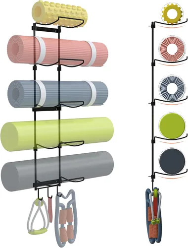 Miniatura 2 de Soporte para tapete de yoga, organizador de pared, rodillo de espuma de almacenamiento y bloque, con 5 secciones y 3 ganchos para colgar correa
