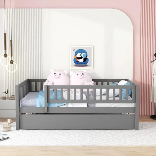 Miniatura 3 de P PURLOVE Sofá cama matrimonial con nido, marco de sofá cama con barandillas de valla, sofá cama de madera para niños, niñas y adolescentes jóvenes