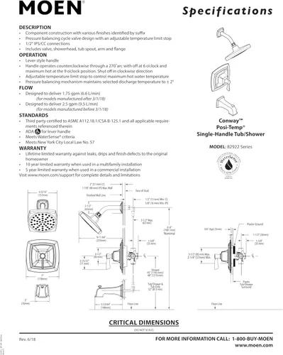 Miniatura 9 de Moen Conway Chrome Posi-Temp Juego de Grifo para Tina y Ducha con Cabezal Cuadrado, Manija de Palanca de Ducha y Boca de Tina, Válvula Incluida