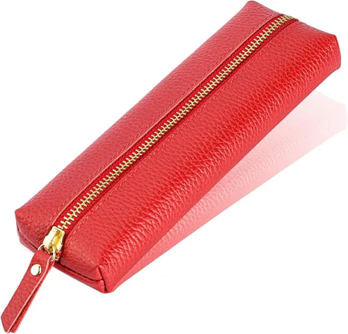 Miniatura 9 de Estuche de cuero auténtico para bolígrafos, estuche de cuero de vaca con cremallera, suave bolsa de cuero negra para adultos.