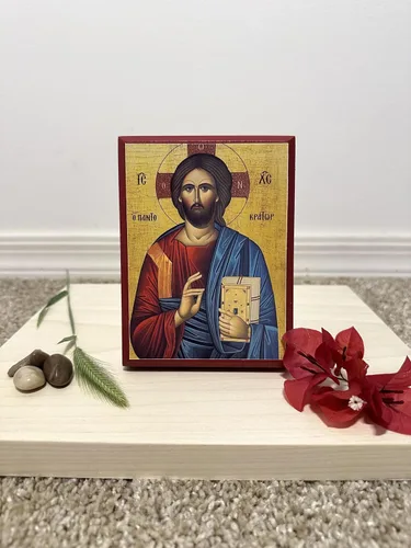Miniatura 2 de Icono cristiano ortodoxo griego de madera Jesucristo el Pantocrátor (4 "x 5")
