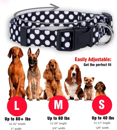 Miniatura 3 de Native Pup Collar de perro con lunares, ajustable para perros pequeños, medianos y grandes, tela bonita para niños y niñas Negro