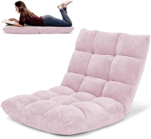 Miniatura 19 de COSTWAY Silla de suelo, sillas de videojuegos con soporte para el respaldo, ajustable de 14 posiciones, marco de acero aleado, forro polar coral