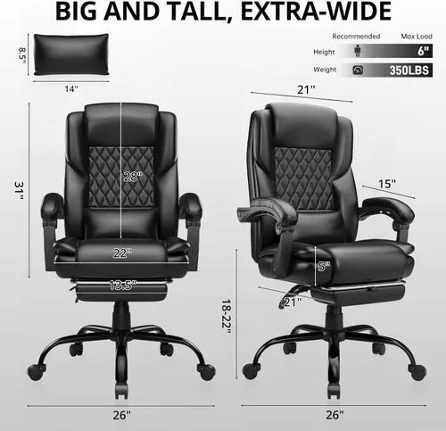 Miniatura 2 de Silla de oficina ejecutiva grande y alta de 350 libras con reposapiés, silla de escritorio reclinable de cuero con respaldo alto, asiento ancho