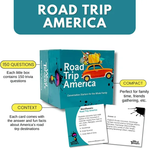 Miniatura 3 de ? WORD TEASERS Road Trip America - Juego de viaje por carretera y inicio de conversación - Juego de preguntas familiares sobre lugares para visitar