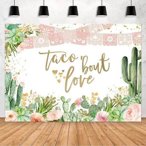 Miniatura 2 de Avezano Telón de fondo de amor con temática de Taco Bout Love y flores de cactus de oro rosa para boda, despedida de soltera, boda, compromiso