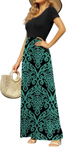 Miniatura 2 de DB MOON - Vestido largo de manga corta para mujer, vestido informal de cintura imperio, con bolsillos