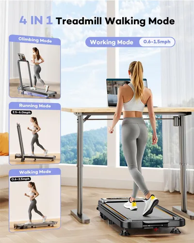 Miniatura 6 de Trisomy - Caminadora plegable con 10% de inclinación, 3.5 HP de bajo ruido con barra de asa, cinta de correr portátil 4 en 1 para debajo del Plateado
