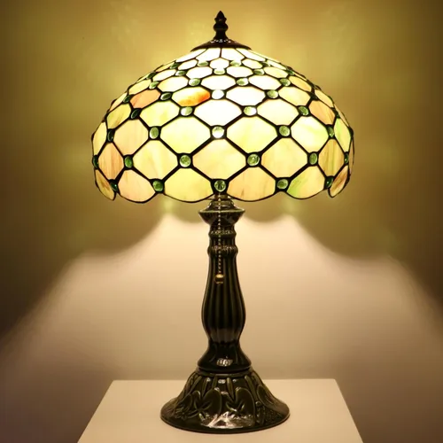 Miniatura 7 de Tiffany Lamp Stained Glass Table Lamps Amber Green Pearl Style Desk Lamp12X12X18.5 Inch Bronze Ceramic Base Reading Light Suitable for Bedside