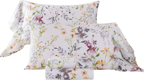 Miniatura 16 de ABREEZE Juego de sábanas con estampado floral beige, juego de ropa de cama bohemio, juego de ropa de cama de lujo de 4 piezas, medallón de damasco