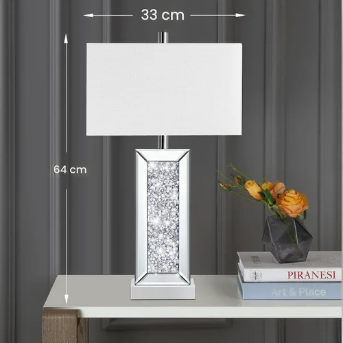 Miniatura 4 de Juego de 2 lámparas de mesa modernas con control táctil, lámpara de noche de espejo plateado con gran cristal de diamante, con puertos USB C+A