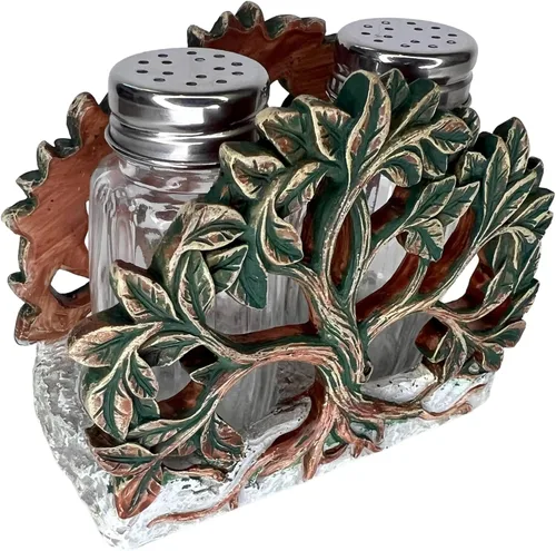 Tree of Life - Juego de salero y pimentero, soporte y dos cocteleras de vidrio con tapas de acero inoxidable, decorativo, moderno, rústico, celta,