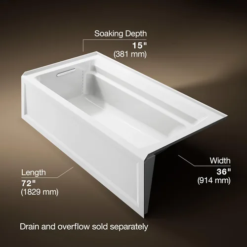 Miniatura 3 de KOHLER K-1125-LA-0 Archer - Bañera acrílica para alcoba (72 x 36 pulgadas), con delantal integral y drenaje a la izquierda, color blanco
