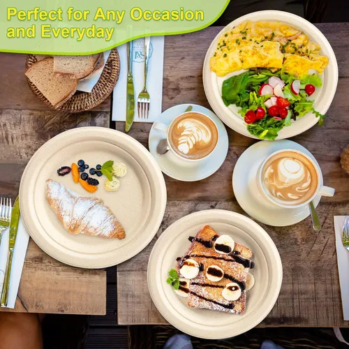 Miniatura 4 de Platos de papel pequeños, 7 pulgadas, paquete de 50 desechables, compostables, ecológicos, resistentes para comidas diarias, naturales